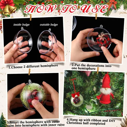 Vista 5 de Liliful 100 bolas de plástico transparente de Navidad de 2.76 pulgadas/2.756 in, rellenables, esferas de Navidad colgantes con 100 lazos, 2 cintas