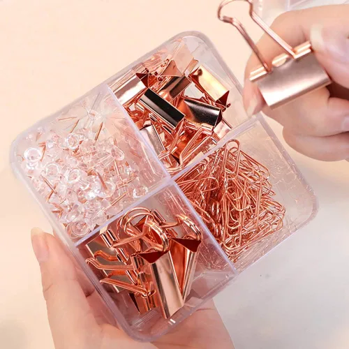 Vista 3 de Clips para carpetas de papel con caja para suministros de oficina, escuela y hogar (oro rosa)