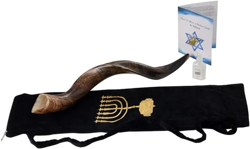Vista 3 de Auténtico juego Kudu Shofar – Cuerno yemenita natural completo (26"-28") con bolsa de menorá, guía y estuche de transporte – Hecho a mano en Israel