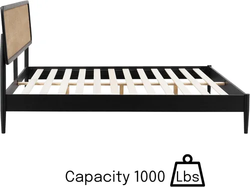 Vista 5 de Lupin - Base de cama de madera con cabecero, base de madera de roble macizo y goma con listones silenciosos y soportes centrales de madera, Negro