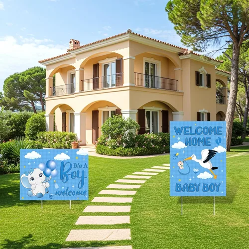 Vista 5 de 2 carteles decorativos de bienvenida para el patio del bebé, niño y niño, con estacas, diseño de elefante azul para baby shower, suministros