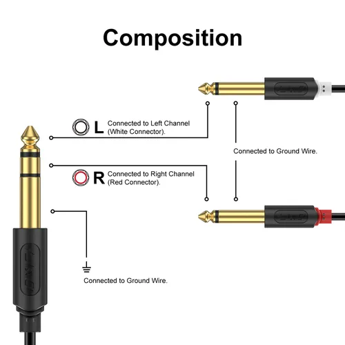 Vista 2 de J&D Cable divisor TRS a Dual TS Y de 1/4 de pulgada, chapado en oro de 0.250 in estéreo macho a 2 macho mono macho para interfaz de audio