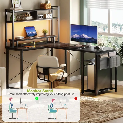 Vista 6 de Besiost Escritorio pequeño en forma de L para juegos con tomas de corriente, escritorio reversible en forma de L de 48" con LED para computadora