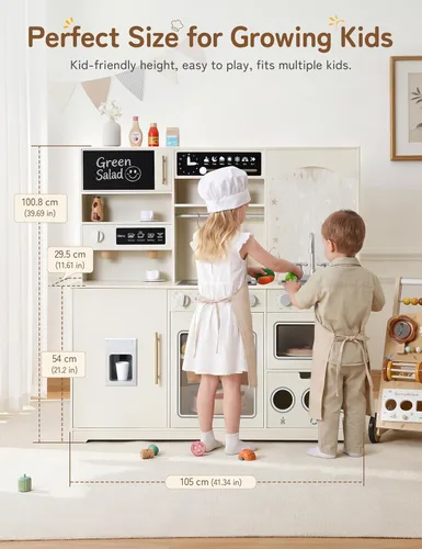 Vista 2 de besrey Juego de cocina para niños, juego de cocina de madera para niños con luces y sonidos reales, cocina de juguete para niños pequeños