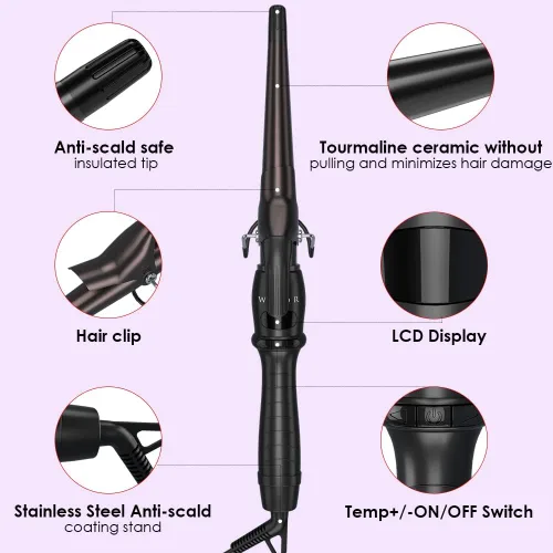 Vista 2 de Plancha rizadora de cabello Wazor1.5 pulgdas, rizadora cónica de cerámica, pantalla digital, vara de rizado con ajuste de temperatura y apagado