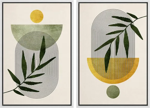 Vista 93 de IDEA4WALL Lienzo Enmarcado Impreso Arte de Pared Set Paisaje de Hojas de Palma de Selva de Mediados de Siglo Naturaleza Silvestre Ilustraciones Arte