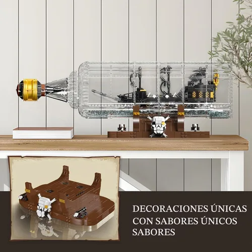 Vista 3 de Mould King 10065 - Botella de deriva con juego de bloques de construcción de barcos de perlas negras, modelo de barco pirata en botella, kit