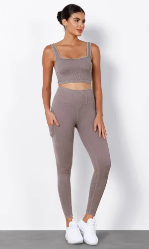 Vista 4 de ODODOS Leggings sin costuras para mujer con bolsillos, cintura alta, lavado ácido, acanalado, pantalones de yoga para gimnasio y entrenamiento