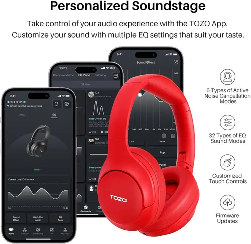 Vista 5 de TOZO HT2 - Audífonos híbridos con cancelación activa de ruido inalámbricos sobre la oreja, auriculares Bluetooth NC3 híbridos con cancelación activa