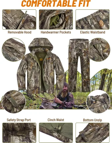 Vista 5 de NEW VIEW Ropa de caza de camuflaje para hombres, forro polar cálido y silencioso, chaqueta y pantalones de caza de ciervos para clima frío