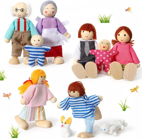 Vista 12 de Casa de madera para muñecas, 8 figuras en miniatura y 2 mascotas, estilo brillante