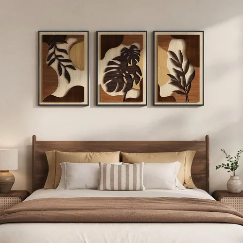 Vista 7 de Arte de pared de madera 3D con textura bohemia 3D para dormitorio, 3 piezas de arte de madera tallada botánica tropical para paredes, hoja de Marrón