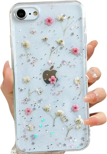 Vista 17 de LSEEKA Funda transparente para iPhone 11 con diseño de flores prensadas reales, linda y brillante, patrón floral rosa, funda protectora delgada