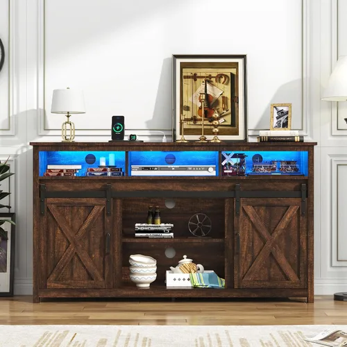 Vista 7 de Soporte de TV LED Estilo Casa de Campo para TVs de 65 pulgadas, Centro de Entretenimiento Rústico Soportes de Gabinete de TV con Tomas de Corriente