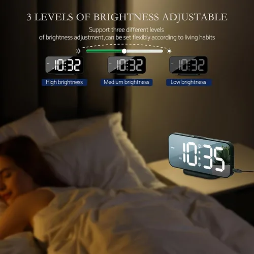 Vista 4 de Reloj despertador digital para dormitorio, superficie de espejo LED de 6.7 pulgadas con 2 puertos de carga USB, brillo ajustable, alarma doble