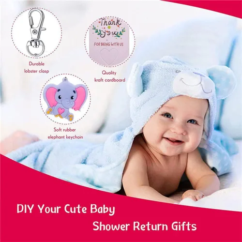 Vista 6 de Juego de 50 llaveros de elefante para baby shower, recuerdos de fiesta temática de elefante, suministros de fiesta de cumpleaños para niños y niñas