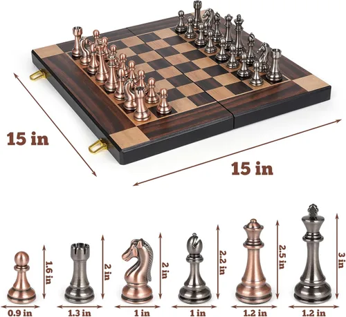 Vista 6 de Juego de ajedrez de metal grande de 15 pulgadas para adultos y niños con piezas de ajedrez de metal, tablero de madera plegable con almacenamiento