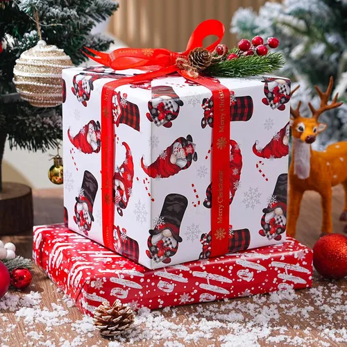 Vista 4 de ZINTBIAL Papel de regalo de Navidad para niños y adultos, papel de regalo de Navidad con cuadros rojos/negros, renos, gnomos, palabras "Ho Ho", 28 x
