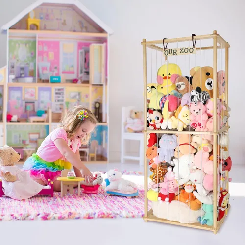 Vista 2 de Estante organizador grande de peluche de 63 pulgadas para niños, estante organizador de almacenamiento de felpa de madera con cordón elástico