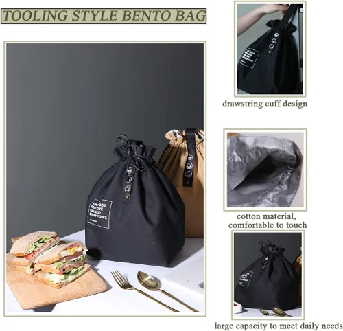 Vista 2 de Bolsa de almuerzo de lona con cordón, bolsa de almuerzo aislada, estilo japonés, bolsa de almuerzo reutilizable, bolsa aislada con asa y cierre