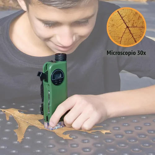 Vista 3 de Carson X-Scope Kids - Herramienta de bolsillo óptica multiusos de 7 funciones con microscopio 30x, telescopio 8x, lupa plegable 9x, linterna