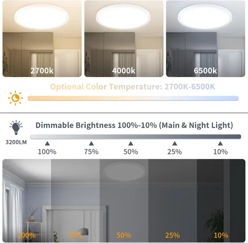 Vista 2 de Lámpara de techo de montaje empotrado de 12 pulgadas con control remoto y luces nocturnas, lámpara de techo LED regulable de 2700 K-6500 K, moderna