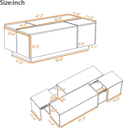Vista 2 de Merax Mesa auxiliar, mesa auxiliar extensible con 2 espacios de almacenamiento ocultos y 2 cajones, mesa central multifuncional con acabado