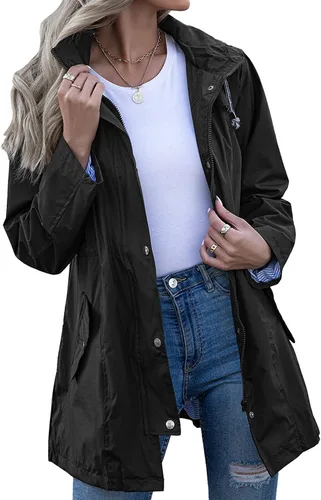 Vista 19 de Kikibell Chaqueta de lluvia para mujer con capucha, con forro a rayas, ligera, impermeable para exteriores, cortavientos Verde militar
