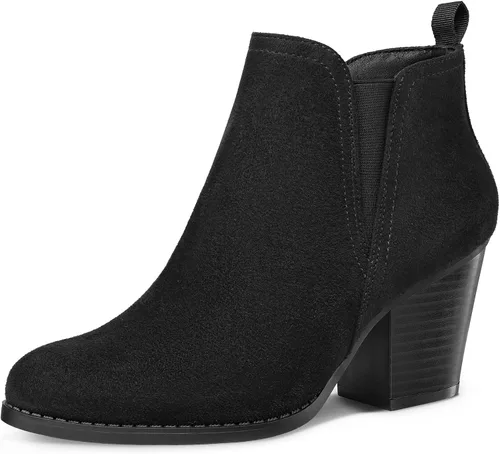 Vista 11 de mysoft Botines de tobillo para mujer con corte en V, panel elástico lateral, tacón grueso apilado con cremallera lateral Patrón de serpiente negro.