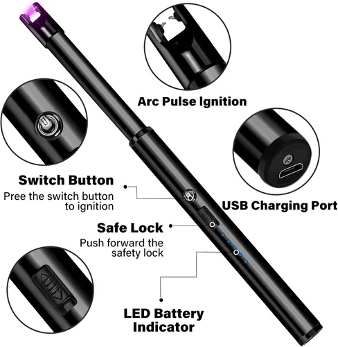 Vista 2 de Encendedor de velas eléctrico, resistente al viento, recargable por USB, sin llama, cuello largo, para velas, estufa de gas, chimenea, barbacoa