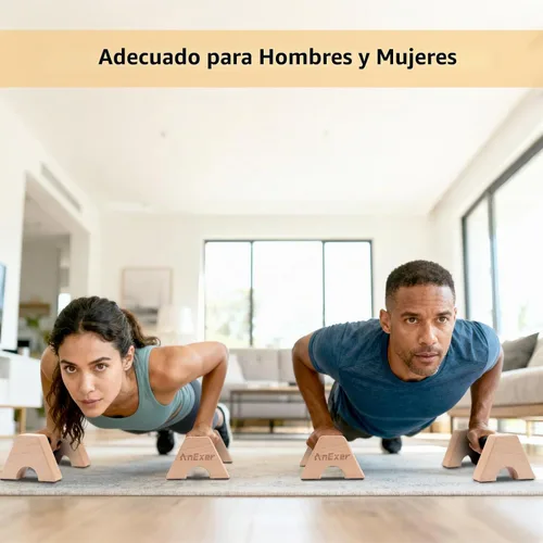 Vista 7 de soportes de empuje, barras de paralelas de mano, barras de empuje de madera sólida con alfombrilla antideslizante, mangos de empuje para ejercicio