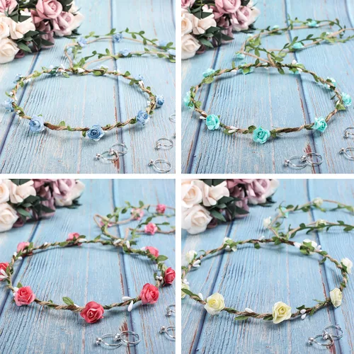 Vista 3 de Whaline 4 piezas de corona floral corona diadema floral guirnalda diadema diadema estilo bohemio para boda, novia, novia, fiesta, festivales