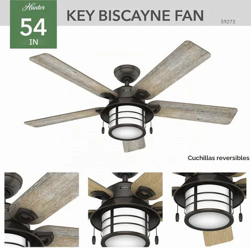 Vista 8 de Hunter Key Biscayne - Ventilador de techo, para interiores y exteriores, con luz LED y control para cadena de tracción