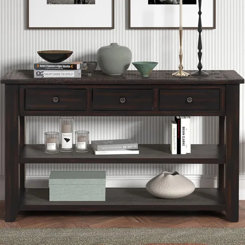 Vista 17 de Mesa consola multifunción vintage, mesa de sofá moderna de 62.2 pulgadas con 4 cajones y 2 estantes de almacenamiento, aparador de madera para Blanco