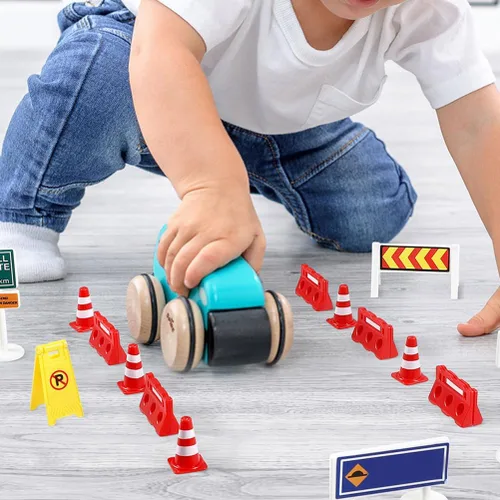 Vista 5 de TOYANDONA 31 piezas de señales de tráfico para niños, conos de tráfico de plástico en miniatura, mini barril, juego educativo piezas para niños