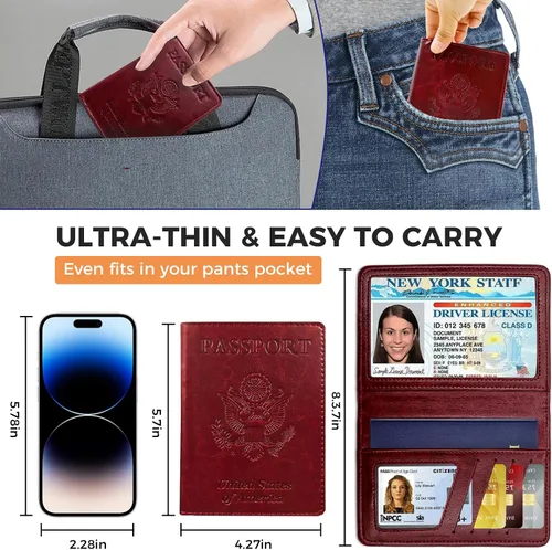 Vista 3 de Soporte para pasaporte para artículos esenciales de viaje, con bloqueo RFID, funda para tarjetas, funda de piel sintética para pasaporte