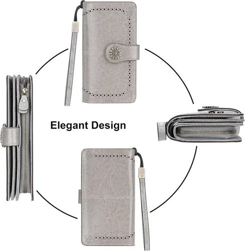 Vista 4 de Lavemi - Cartera de piel con bloqueo RFID para mujer, de gran capacidad, para llevarla a la muñeca