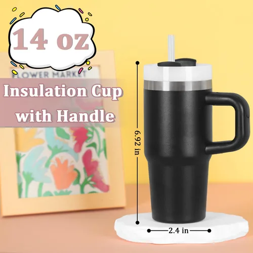 Vista 2 de Muwnrol Vaso de 14 onzas con asa y popote para niños, vaso de acero inoxidable aislado al vacío que mantiene el frío, el calor y el hielo, regalos