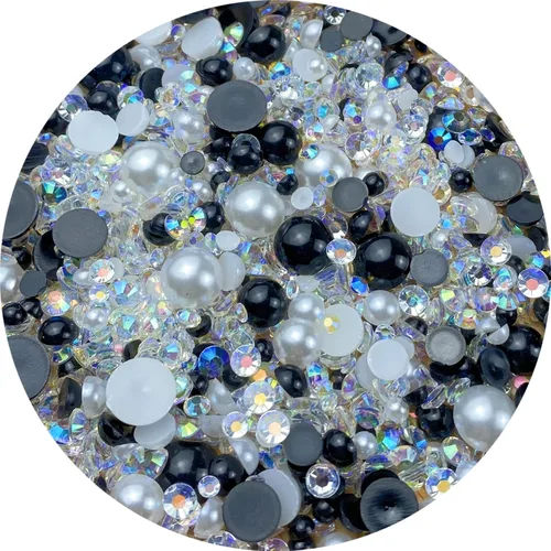 Vista 21 de Cuentas de resina con diamantes de imitación, mitad redonda, cuentas de perlas planas de 30 g, cuentas de media perla con diamantes de imitación