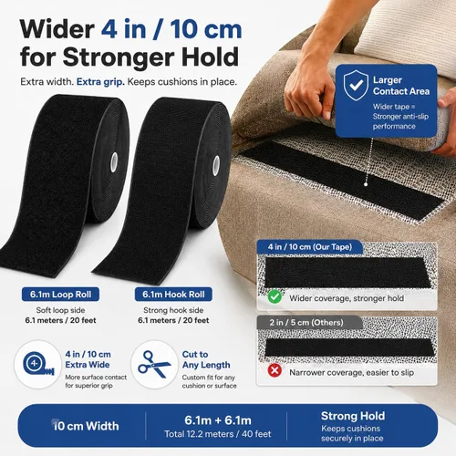 Vista 2 de SOURRI Cinta de velcro grande de 4'' x 20 pies con gancho y bucle, tiras autoadhesivas de servicio pesado, evitan que los cojines del sofá se