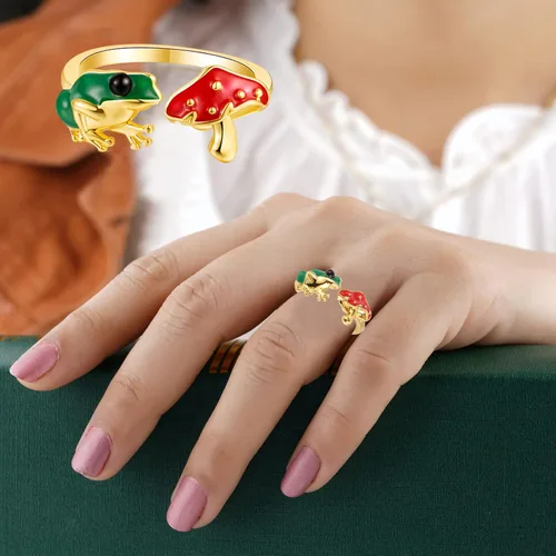 Vista 4 de Green Frog Red Mushroom Open-Rings for Women-Girls - Gold Silver Plated Cute Colorful Frog Mushroom Aesthetics Jewelry for BirthdayNew