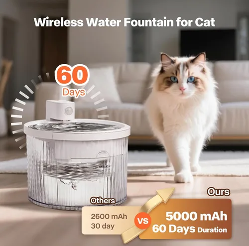Vista 2 de Sharper Image Fuente de agua inalámbrica para gatos, bomba ultra silenciosa de 68 oz/2 L, fuente de agua inalámbrica para gatos, fuente recargable