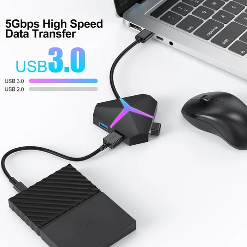 Vista 2 de Hub de puerto USB múltiple, transferencia de datos de alta velocidad de 5 Gbps USB 3.0, adaptador multipuerto expansor de 4 puertos, extensor