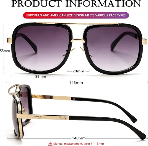 Vista 6 de AIEYEZO Gafas de sol para hombres y mujeres gafas de sol militares aviador vintage cuadrado marco de metal clásico estilo piloto