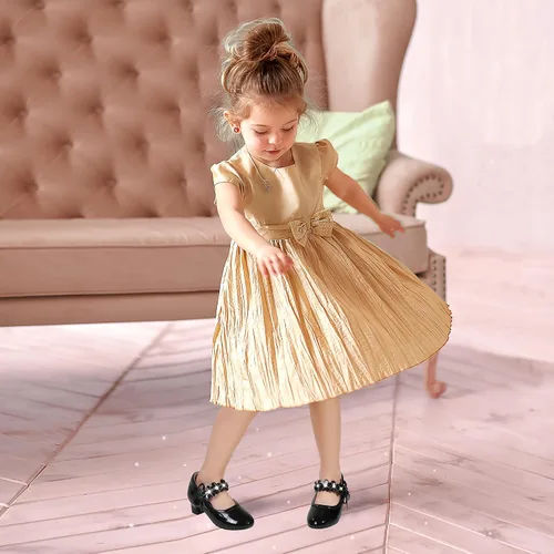 Vista 5 de PANDANINJIA Zapatos de vestir para niñas, zapatos de tacón Mary Jane con flores, fiesta de boda, regreso a la escuela, zapatos de tacón para niños