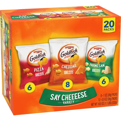 Vista 9 de Goldfish Crackers Say Cheeeese - Paquete variado con queso cheddar, pizza y parmesano, paquetes de aperitivos, 20 unidades (paquete de 2)