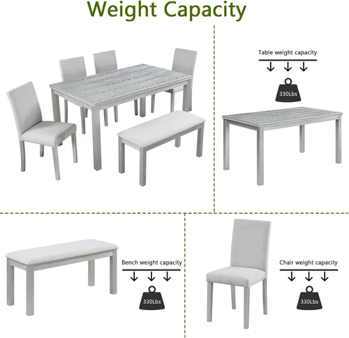 Vista 6 de LUMISOL - Juego de mesa de comedor de madera maciza con 4 sillas tapizadas y banco para cocina, comedor, sala de estar, gris plateado