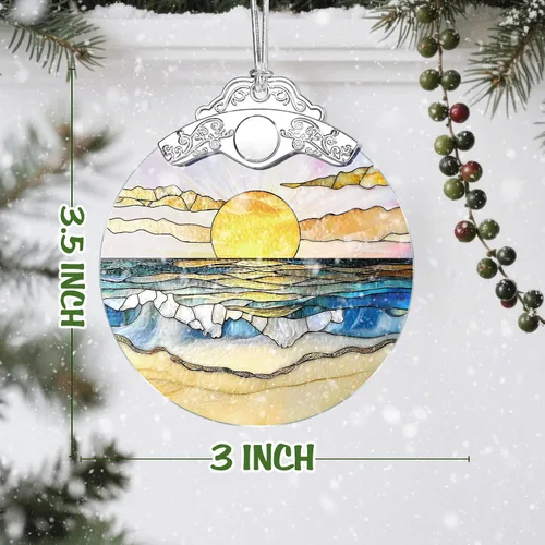 Vista 3 de Adorno de Vidrio Manchado de Puesta de Sol en la Playa, Adorno Navideño – Decoración de Árbol de Navidad, Decoración Festiva, Relleno de Calceti
