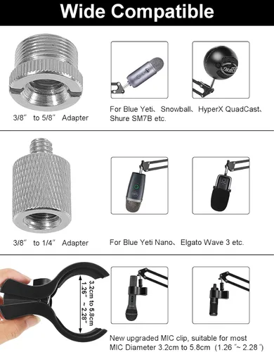 Vista 4 de Soporte de micrófono con brazo para Blue Yeti, Nano, HyperX QuadCast Snowball Fifine y más micrófono, brazo de brazo ajustable con tornillo de 3/8