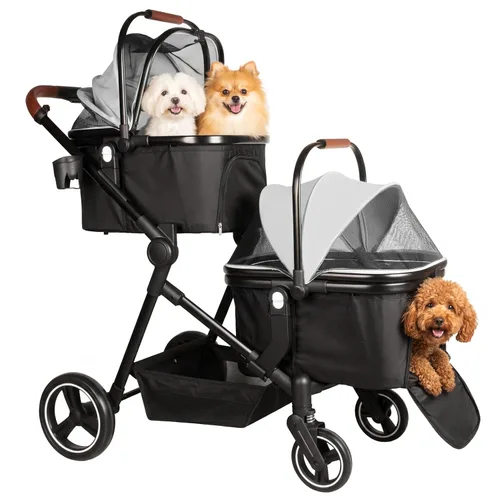 Vista 12 de Carriola doble plegable para mascotas para 2 gatos y perros pequeños y medianos, carriola integrada ligera para mascotas, individual y doble